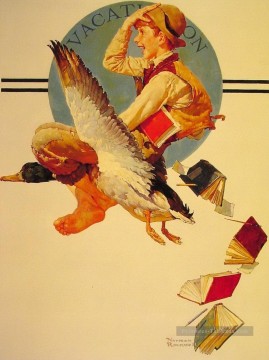 Norman Rockwell Painting - Chico de vacaciones montando un ganso 1934 Norman Rockwell
